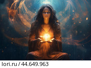 Mystic woman channeling cosmic energy. Стоковое AI-изображение, AI-художник Иван Рябоконь / Фотобанк Лори