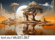 Artistic rendering of a serene desert oasis mirroring in water at sunset. Стоковое AI-изображение, AI-художник Иван Рябоконь / Фотобанк Лори
