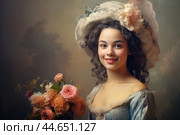 Nostalgia for old Paris: Acryl photo effect of young French woman with flowers, 18th century. Стоковое AI-изображение, AI-художник Veniamin Kraskov / Фотобанк Лори