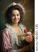 Nostalgia for old Paris: Acryl photo effect of young French woman with flowers, 18th century. Стоковое AI-изображение, AI-художник Veniamin Kraskov / Фотобанк Лори