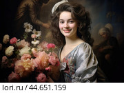 Nostalgia for old Paris: Acryl photo effect of young French woman with flowers, 18th century. Стоковое AI-изображение, AI-художник Veniamin Kraskov / Фотобанк Лори