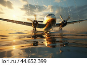 Airplane landing on water at sunset. Стоковое AI-изображение, AI-художник Иван Рябоконь / Фотобанк Лори