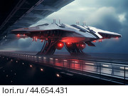 Futuristic spaceship docking at spaceport. Стоковое AI-изображение, AI-художник Иван Рябоконь / Фотобанк Лори