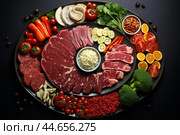 Gourmet charcuterie platter with assorted meats and vegetables. Стоковое AI-изображение, AI-художник Иван Рябоконь / Фотобанк Лори