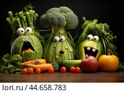 Funny vegetable faces still life. Стоковое AI-изображение, AI-художник Иван Рябоконь / Фотобанк Лори