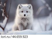 Serene arctic fox in snowy landscape. Стоковое AI-изображение, AI-художник Иван Рябоконь / Фотобанк Лори
