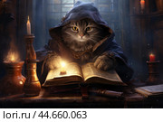 Mystical cat wizard reading spellbook in candlelit chamber. Стоковое AI-изображение, AI-художник Иван Рябоконь / Фотобанк Лори