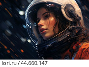 Female astronaut in space suit helm. Стоковое AI-изображение, AI-художник Иван Рябоконь / Фотобанк Лори