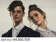 Portrait of a trendy young couple wearing fashionable sunglasses and smart attire. Стоковое AI-изображение, AI-художник Иван Рябоконь / Фотобанк Лори