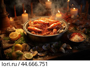 Sumptuous seafood feast by candlelight. Стоковое AI-изображение, AI-художник Иван Рябоконь / Фотобанк Лори