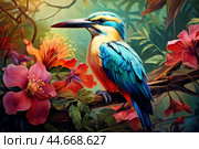 Digitally painted kingfisher with colorful plumage rests in a lush floral setting. Стоковое AI-изображение, AI-художник Иван Рябоконь / Фотобанк Лори