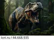 Intimidating Shooting tyrannosaurus rex animal. Generate ai. Стоковое AI-изображение, AI-художник Иван Рябоконь / Фотобанк Лори