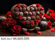 Romantic chocolate heart with roses. Стоковое AI-изображение, AI-художник Иван Рябоконь / Фотобанк Лори