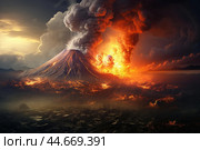 Cataclysmic volcano eruption at dusk. Стоковое AI-изображение, AI-художник Иван Рябоконь / Фотобанк Лори