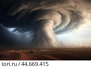 Majestic supercell storm with lightning. Стоковое AI-изображение, AI-художник Иван Рябоконь / Фотобанк Лори