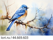 Vibrant bluebird on a branch watercolor illustration. Стоковое AI-изображение, AI-художник Иван Рябоконь / Фотобанк Лори