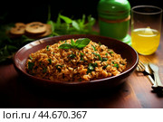 Delicious homemade brown rice pilaf on wooden table. Стоковое AI-изображение, AI-художник Иван Рябоконь / Фотобанк Лори
