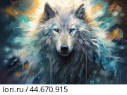 Majestic wolf portrait in ethereal light. Стоковое AI-изображение, AI-художник Иван Рябоконь / Фотобанк Лори