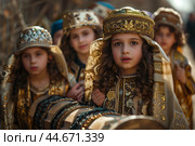 Adorned children in traditional attire parading in a vibrant cultural festival during a sunny afternoon in an outdoor setting. Стоковое AI-изображение, AI-художник Сергей Толмачёв / Фотобанк Лори