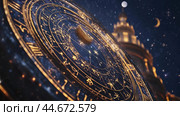 A detailed view of an astrological chart with celestial bodies and a night sky backdrop highlighting cosmic connections. Стоковое AI-изображение, AI-художник Сергей Толмачёв / Фотобанк Лори