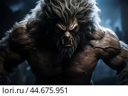 Intimidating werewolf creature in the shadows. Стоковое AI-изображение, AI-художник Иван Рябоконь / Фотобанк Лори