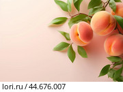 Fresh ripe peaches on soft peachy background. Стоковое AI-изображение, AI-художник Иван Рябоконь / Фотобанк Лори