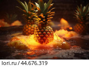 Tropical delight: pineapple engulfed in flames. Стоковое AI-изображение, AI-художник Иван Рябоконь / Фотобанк Лори