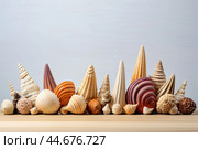 Diverse collection of seashells on wooden surface. Стоковое AI-изображение, AI-художник Иван Рябоконь / Фотобанк Лори