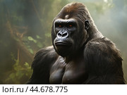 Majestic gorilla in misty jungle. Стоковое AI-изображение, AI-художник Иван Рябоконь / Фотобанк Лори