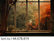 Cozy autumn view from windowpane. Стоковое AI-изображение, AI-художник Иван Рябоконь / Фотобанк Лори