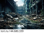 Haunting image of desolated city ruins reflecting in a stagnant water pool. Стоковое AI-изображение, AI-художник Иван Рябоконь / Фотобанк Лори
