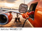 Airplane is being refueled before flight at sunset time. Стоковое AI-изображение, AI-художник Иван Рябоконь / Фотобанк Лори