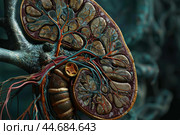 Human kidney cross section showing nephrons, renal pelvis, and blood vessels. Стоковое AI-изображение, AI-художник Иван Рябоконь / Фотобанк Лори