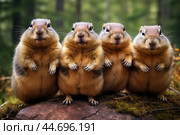 Group of funny chipmunks in the wild. Стоковое AI-изображение, AI-художник Veniamin Kraskov / Фотобанк Лори
