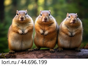Group of funny chipmunks in the wild. Стоковое AI-изображение, AI-художник Veniamin Kraskov / Фотобанк Лори