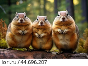 Group of funny chipmunks in the wild. Стоковое AI-изображение, AI-художник Veniamin Kraskov / Фотобанк Лори