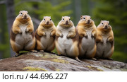 Group of funny chipmunks in the wild. Стоковое AI-изображение, AI-художник Veniamin Kraskov / Фотобанк Лори