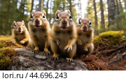 Group of funny chipmunks in the wild. Стоковое AI-изображение, AI-художник Veniamin Kraskov / Фотобанк Лори