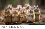 Group of funny chipmunks in the wild. Стоковое AI-изображение, AI-художник Veniamin Kraskov / Фотобанк Лори