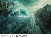 Giant wave flooding city street during storm surge. Стоковое AI-изображение, AI-художник Иван Рябоконь / Фотобанк Лори
