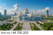 Ak orda presidential palace dominating the skyline of astana on a sunny day. Стоковое AI-изображение, AI-художник Юрий Поздников / Фотобанк Лори