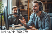 Two content creators recording audio podcast using professional microphone. Стоковое AI-изображение, AI-художник Юрий Поздников / Фотобанк Лори