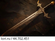 Ornate fantasy sword resting on dark stone surface. Стоковое AI-изображение, AI-художник Иван Рябоконь / Фотобанк Лори
