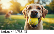 Golden retriever dog playing fetch with a bright yellow tennis ball in a sunny park during late afternoon. Стоковое AI-изображение, AI-художник Сергей Толмачёв / Фотобанк Лори