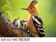 Eurasian hoopoe (Upupa epops) with chicks. Стоковое AI-изображение, AI-художник Veniamin Kraskov / Фотобанк Лори