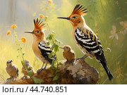Eurasian hoopoe (Upupa epops) with chicks. Стоковое AI-изображение, AI-художник Veniamin Kraskov / Фотобанк Лори