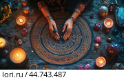 A mystical tarot reading session with candles and crystals on a wooden table, capturing the spiritual atmosphere of divination. Стоковое AI-изображение, AI-художник Сергей Толмачёв / Фотобанк Лори