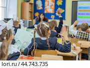 Россия. Санкт-Петербург. Школьники тянут руки в учебном классе. Russia. Saint-Petersburg. School children are stretching their arms in the classroom. (2024 год). Стоковое фото, фотограф Алексей Смышляев / Фотобанк Лори