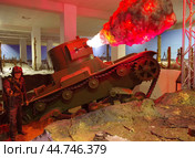 Военный музей Карельского перешейка, фрагмент экспозиции с макетом огнемётного танка ОТ-130. Выборг, улица Крепостная, 26 (2019 год). Редакционное фото, фотограф Алексей Иванов / Фотобанк Лори