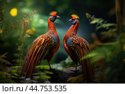 Lover couple of pheasants in the wild. Стоковое AI-изображение, AI-художник Veniamin Kraskov / Фотобанк Лори